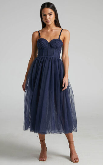 Aisha Midi Dress - Bustier Bodice Tulle Dress in Navy | Showpo (ANZ)
