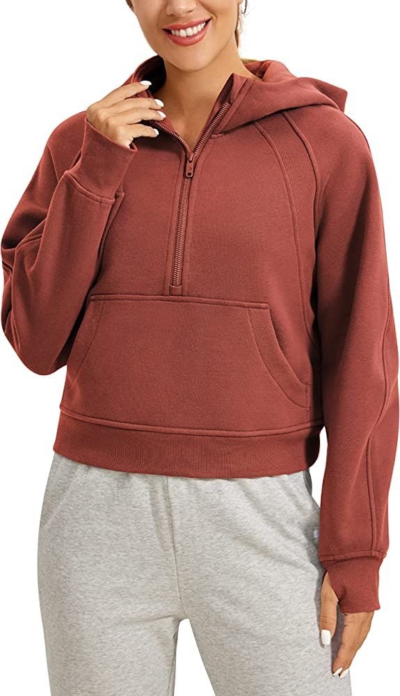 CRZ YOGA Fleece Lined Hoodies for Women Half-Zip Pullover Cropped Sweatshirt with Thumb Hole | Amazon (US)