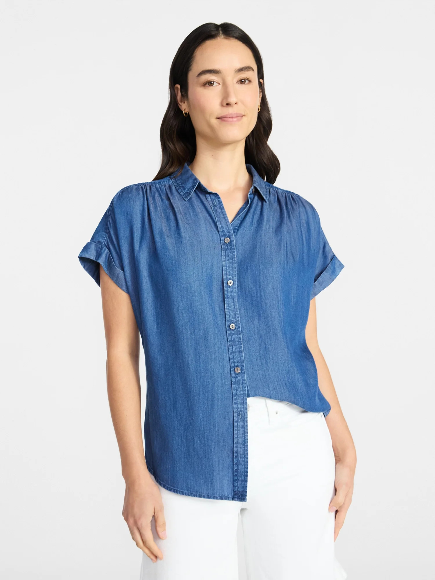 Time and Tru Women's Chambray Camp Shirt with Short Sleeves, Sizes XS-XXXL | Walmart (US)