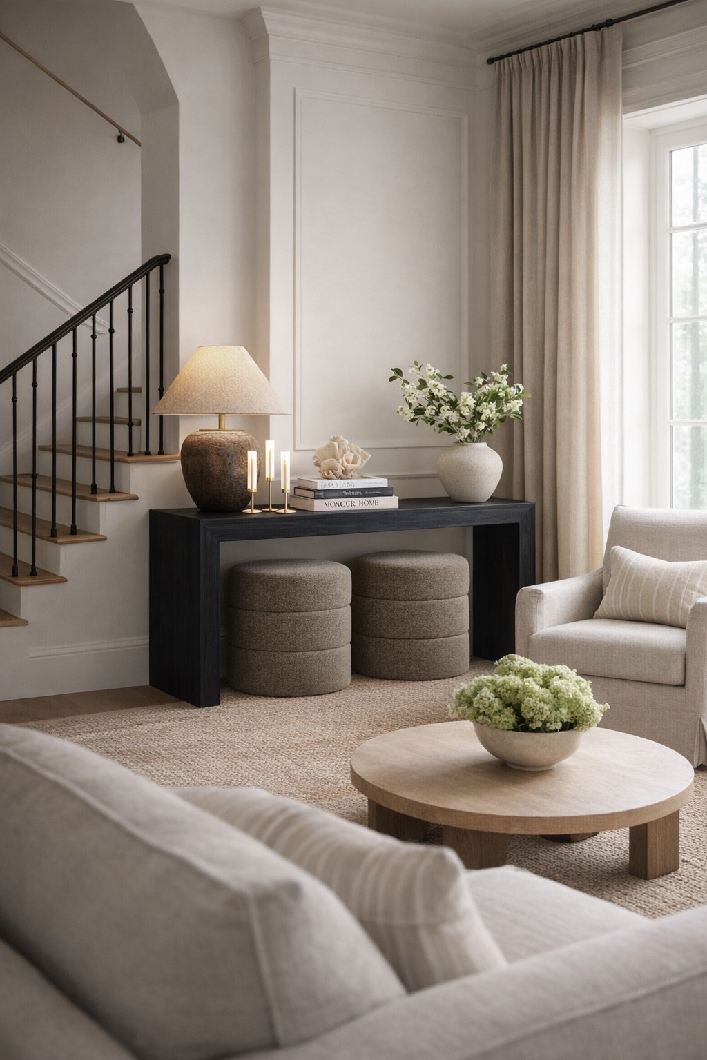 Styled console table in your living room!

You are an interior designer and instagram marketer. Use the attached image to pull product photos from. I’d like you to create a completely new 3:4 ratio image using all of these products and putting them together to create a cohesive room. Take the product photos provided, and while keeping the product images as realistic as possible, create an image of a high end room using these pieces. The room background can have any other details that make the home feel more upscale, interior designed, and casually beautiful. Place each piece in a logical location in the room and change the perspective to see the pieces if necessary. For example, if you see a dresser in the collage I attach and it is in the middle of the photo, dont place it in the center of the room. In real life, a dresser sits alongside a wall, so place it on a wall. If you need to shift the photo’s perspective to see the dresser clearly enough, please do so. All pieces included in the collage should be in view and you should be able to see at least 2/3 of the item (although some may be naturally obscured by other items in the room and the perspective you’ve taken — just try to show the most of the products overall that you can). The details you add to this room should compliment the current pieces and go well together with them, interior design-wise. The overall feeling of the photo should make the person looking at it both love the product and want to recreate the space that you’ve made because it is such a well designed inspiration. Think modern meets european farmhouse meets multi-millionaire upscale vibes. 

#LTKSaleAlert #LTKHome