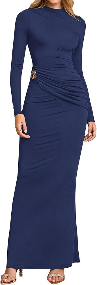 Women's Long Sleeve Ruched Bodycon Maxi Dress Fall Winter Formal Elegant Cocktail Party Dresses | Amazon (US)