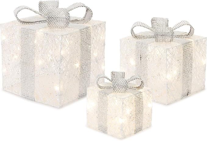 Set of 3 LED White Gift Box and Silver Ribbon with Lights and Timer 11" | Amazon (US)