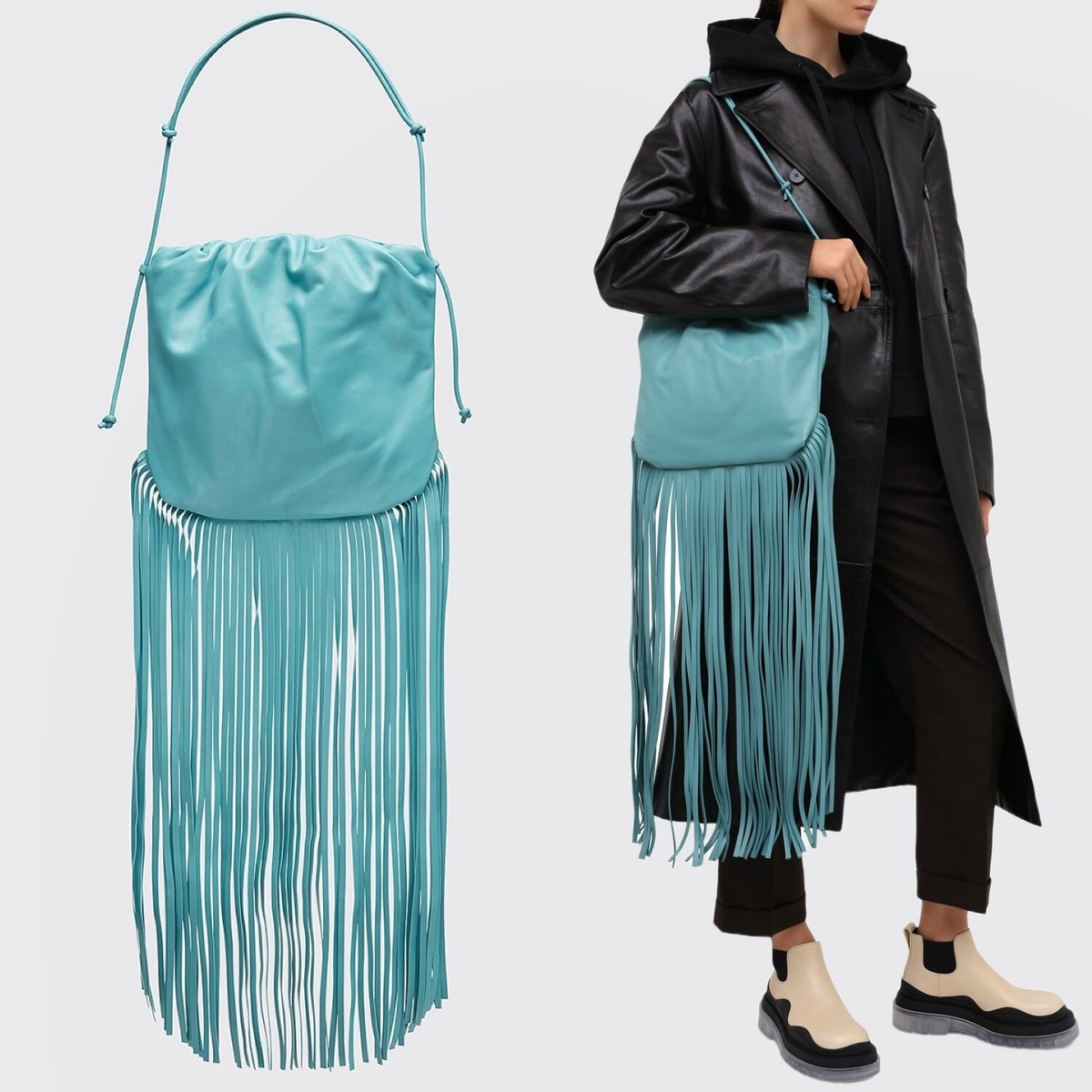 BOTTEGA VENETA The Fringe Pouch Leather Shoulder Bag in Linoleum Blue | eBay US