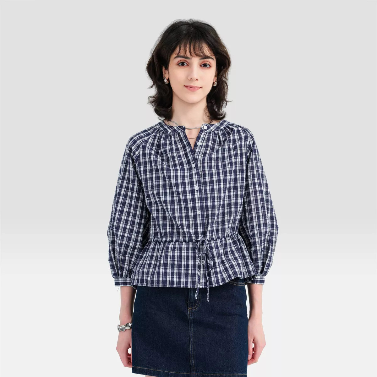 Women's Puff 3/4 Sleeve Peplum Blouse - Universal Thread™ Navy/White Plaid XL | Target
