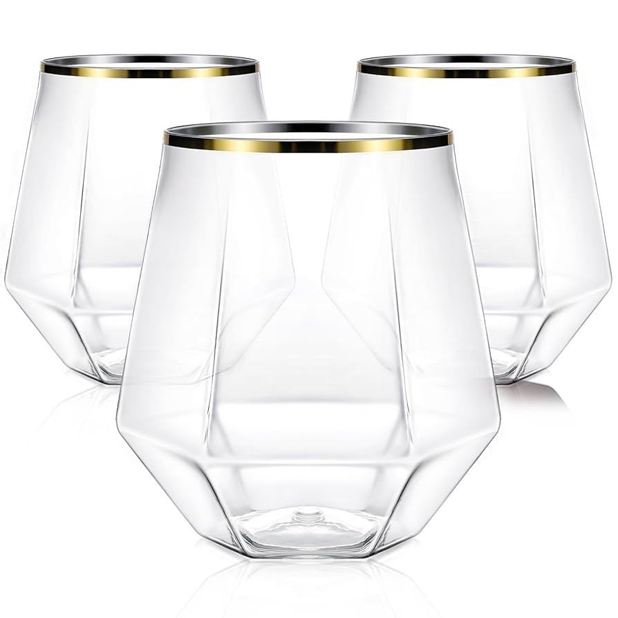 40 Pcak Plastic Stemless Wine cocktail Whiskey Champagne Glasses, 12 Oz Gold Rim Disposable Clear... | Amazon (US)