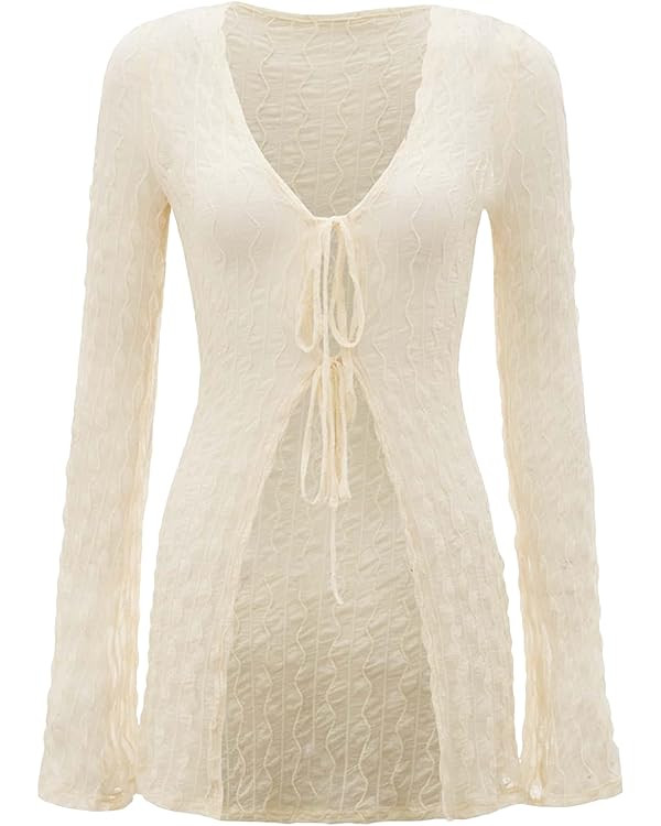 WDIRARA Women's Sheer Mesh Deep V Neck Tie Front Long Sleeve See Through Top | Amazon (US)