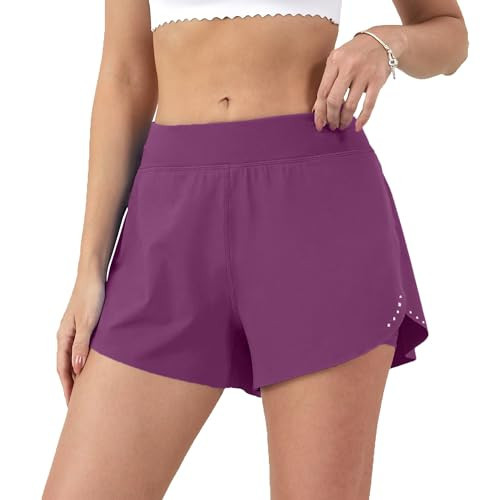 Aurefin Women's 2 in 1 Flowy Running Shorts High Waisted Athletic Shorts for Women Lightweight Workout Yoga Gym Shorts Magenta Purple 032/XL | Amazon (US)