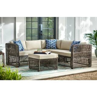 Hampton Bay Grand Isle 4-Piece Wicker Outdoor Patio Sectional Seating Set with Beige Cushions 65-... | The Home Depot