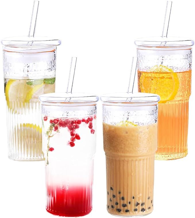 4 Packs 22 oz Glass Cups with Lids and Straws, Ribbed Glass Coffee Cups, Tumbler Water Glass, Reu... | Amazon (US)