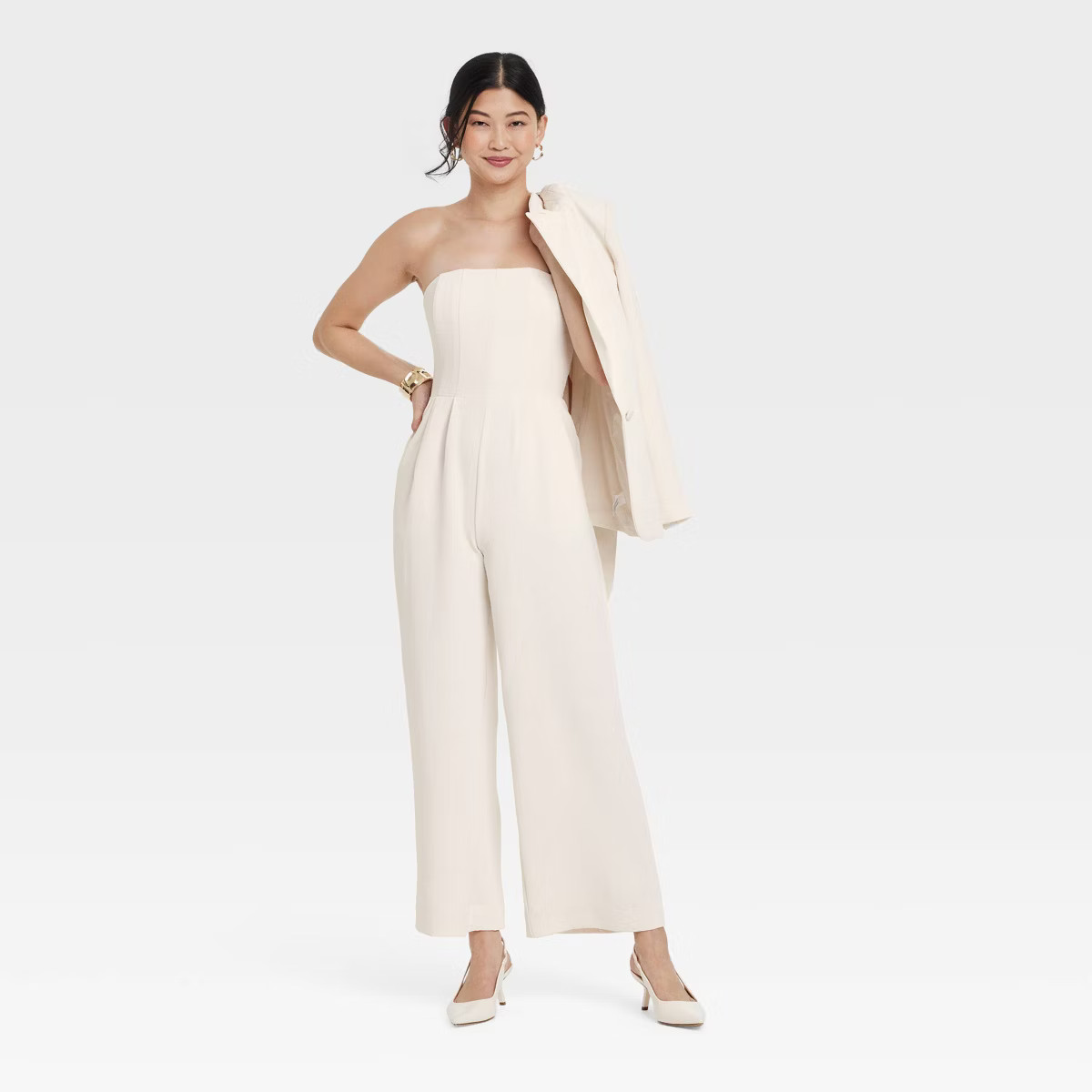 Women's Jumpsuit - A New Day™ Cream S: Polyester, Midweight, Pull-On, Side Pocket, Below Knee, ... | Target