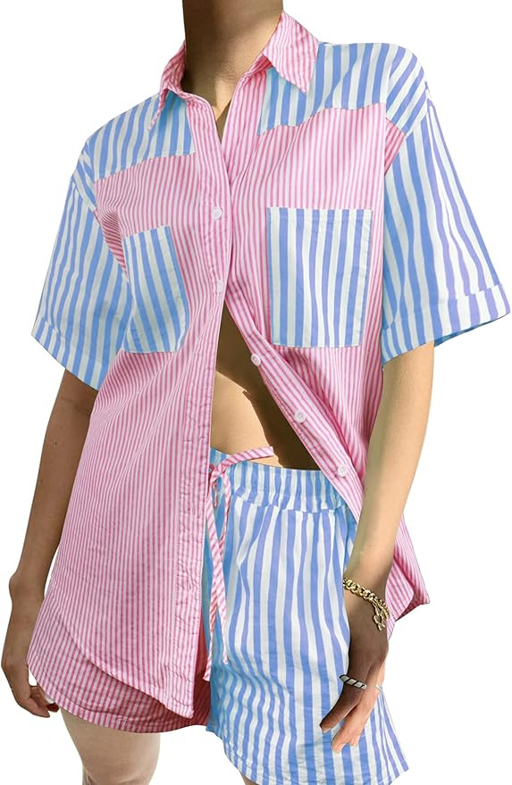 SAFRISIOR Women’s 2 Piece Casual Tracksuit Outfit Sets Stripe Long Sleeve Shirt And Loose High ... | Amazon (US)