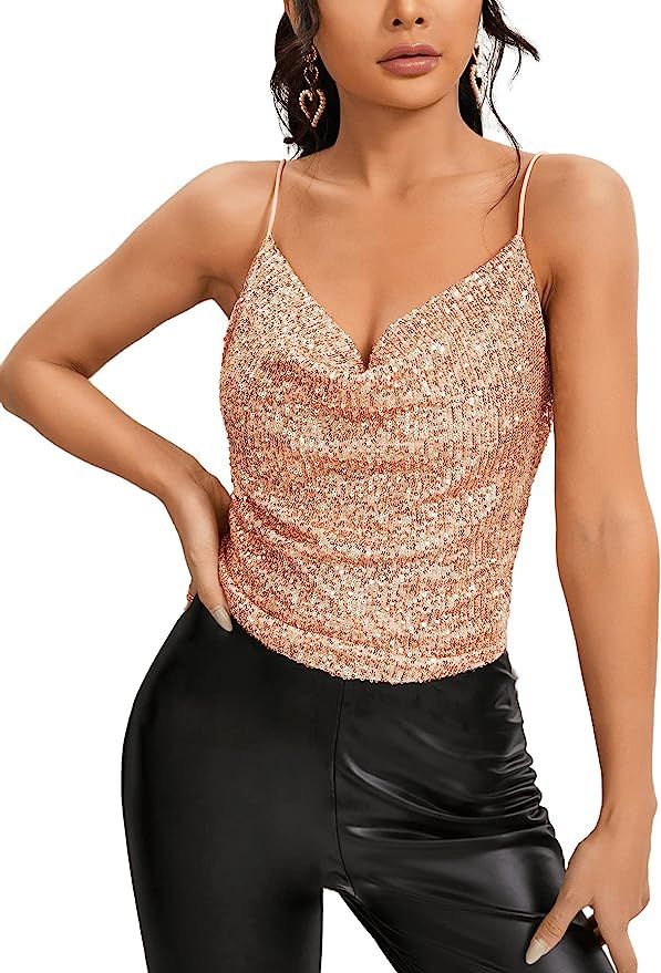 SweatyRocks Women's Sleeveless Sparkle Sequin Cami Crop Top Spaghetti Strap Party Tops | Amazon (US)