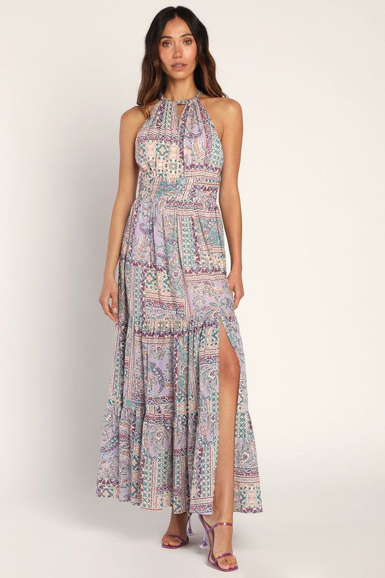 Lavender Multi Scarf Print Tiered Maxi Dress | Resort Wear | Resort Outfits | Lulus