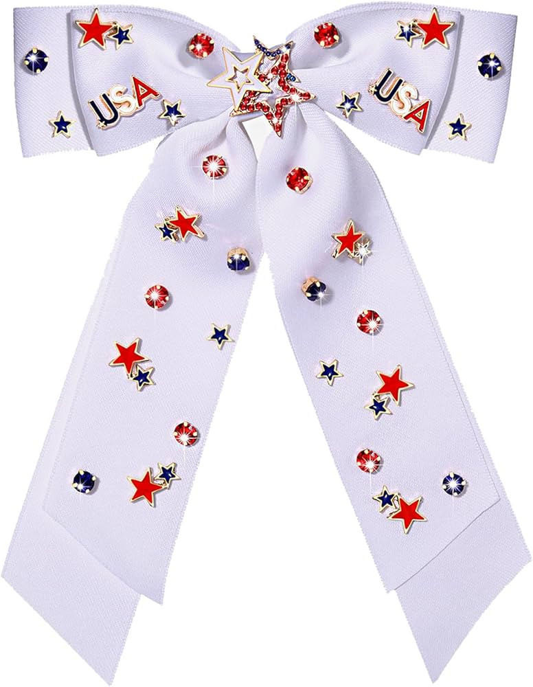 4th of July Accessories Hair Bows for Women Silky Satin White Hair Bows American Flag Star Bows P... | Amazon (US)