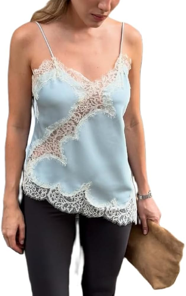 Women Satin Lace Trim Cami Tops Silk V Neck Spaghetti Strap Tank Top Y2k Loose Going Out Camisole... | Amazon (US)