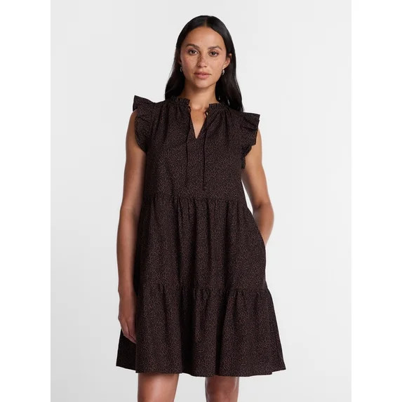 Time and Tru Women's and Women's Plus Tiered Cotton Mini Dress with Flutter Sleeves, Sizes XS-4X | Walmart (US)