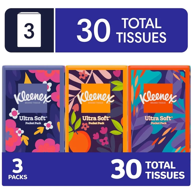 Kleenex On-The-Go Facial Tissues, 3 On-The-Go Packs, 10 Tissues per Pack, 3-Ply | Walmart (US)
