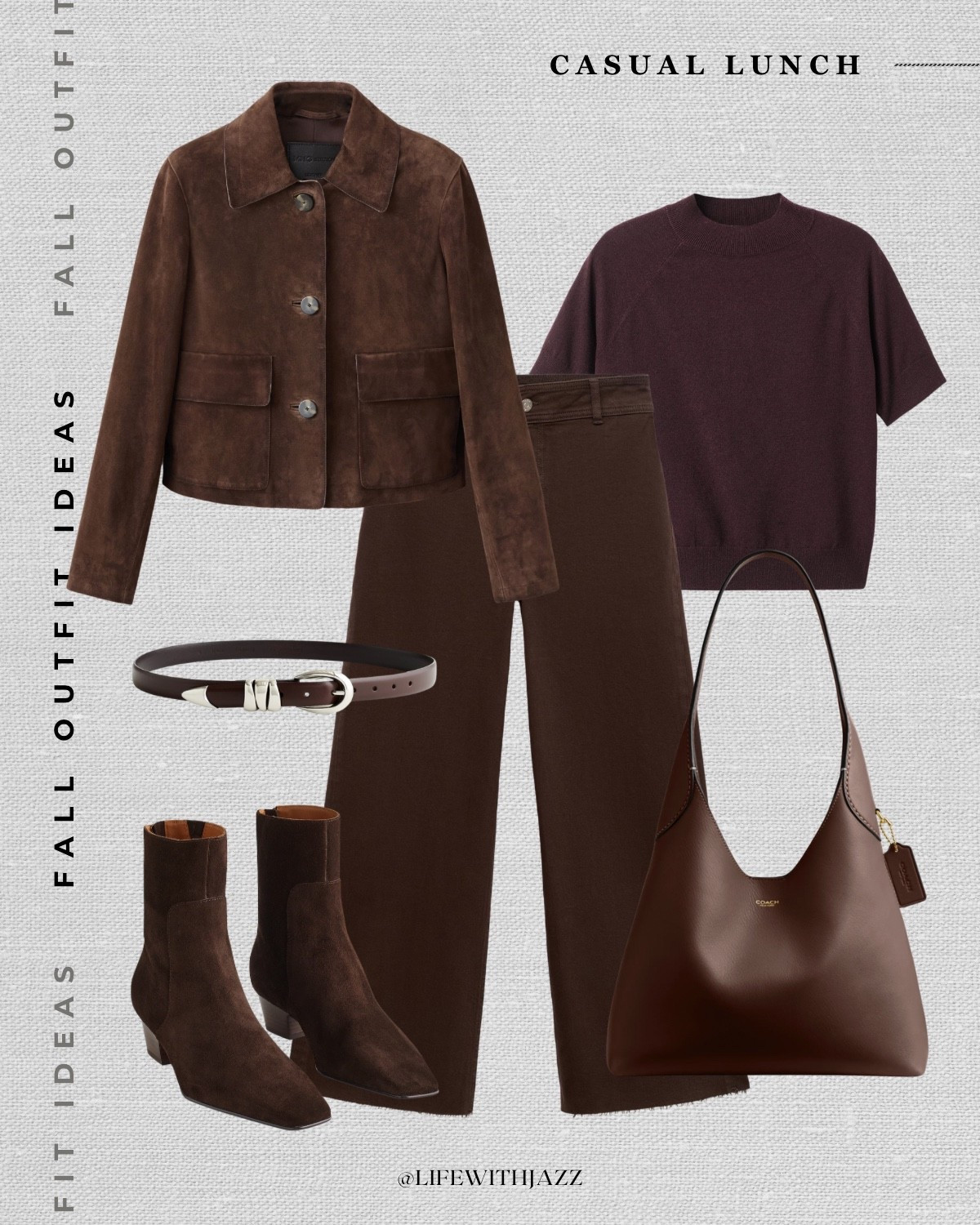 fall outfit idea: casual lunch

fall style, fall fashion, winter fashion, suede leather crop jacket, sweater tee, brown wide leg pants, suede boots, coach brooklyn tote, casual style, minimal & chic 

 

#LTKSeasonal #LTKStyleTip
