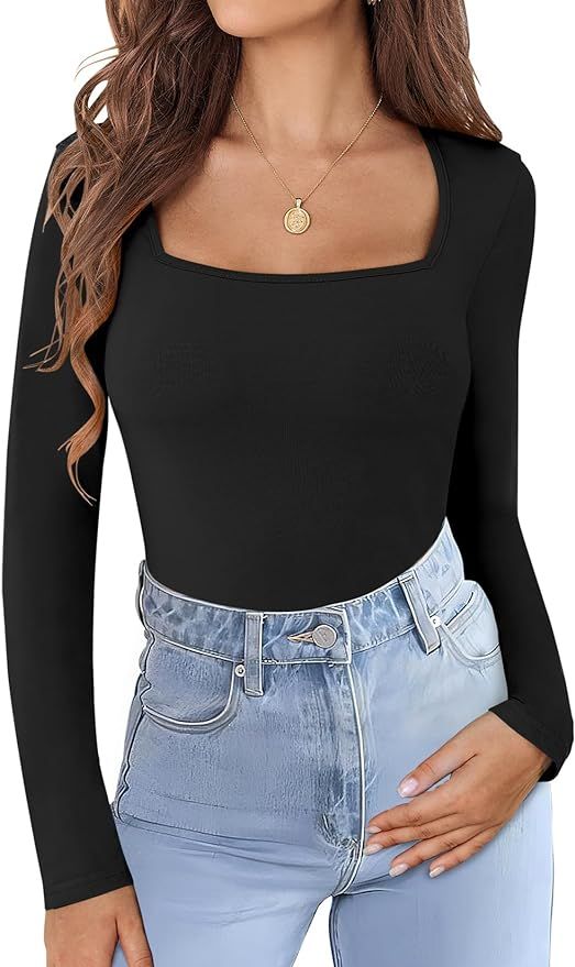 Kancystore Womens T Shirts Square Neck Long Sleeve Shirts Casual Solid Tops Basic Fitted Tees | Amazon (US)