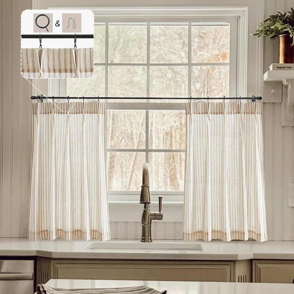 Kitchen Curtains for Small Window,Cafe Curtains 24 Inch Length,Boho Striped Kitchen Pinch Pleat C... | Amazon (US)