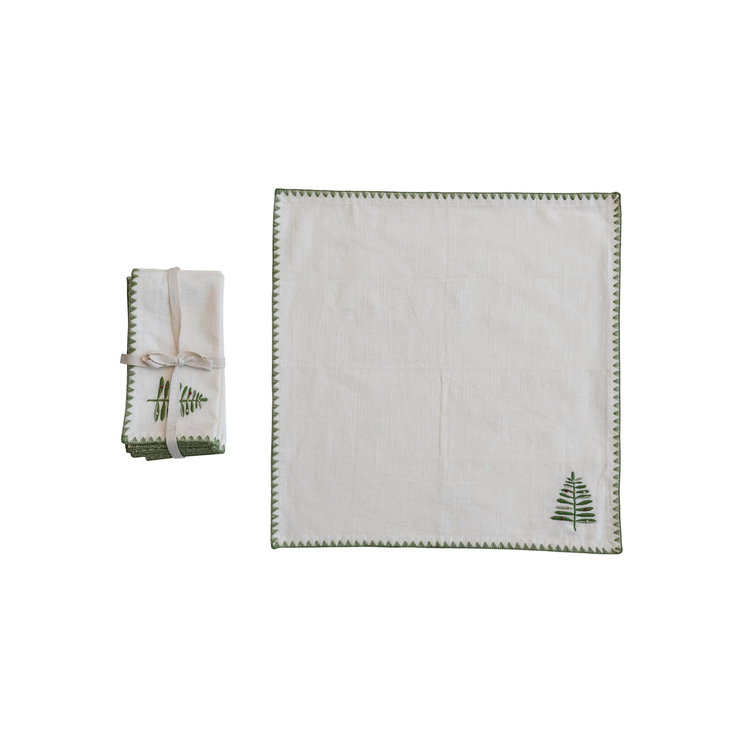 Creative Co-Op Cotton Napkins with Embroidered Tree and Edge, Natural and Green, Set of 4 | Amazon (US)