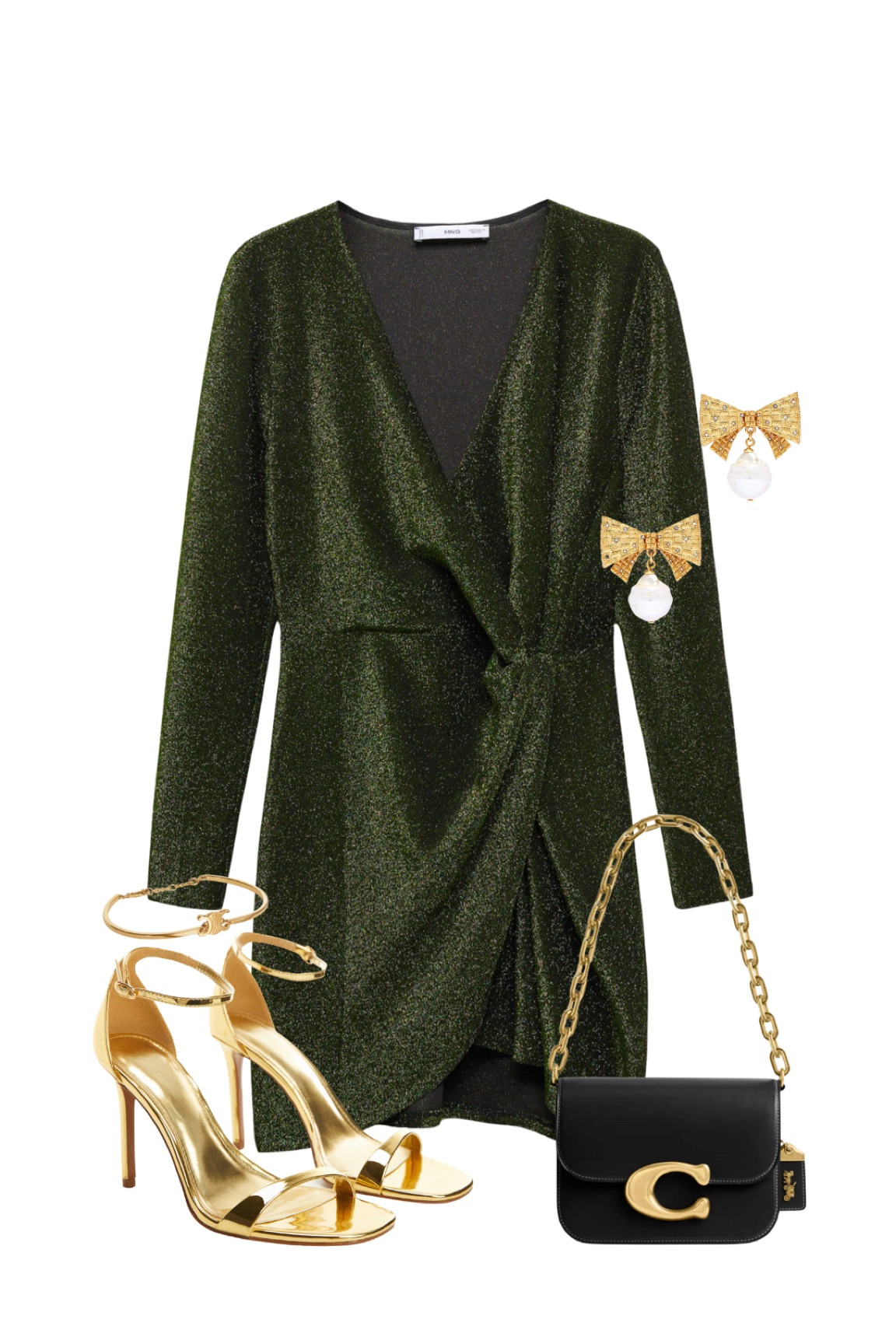 Green lurex wrap knot dress, gold heels, coach bag with gold chain, gold bow earrings.
Christmas outfits, party dress, Christmas party outfits, party season.

#LTKparties #LTKSeasonal #LTKstyletip