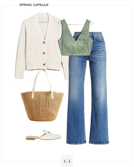 Outfit idea for wide leg full length jeans! Cardigan. straw tote, mules, crop linen top, Spring style idea - see more Spring capsule outfit ideas on thesarahstories.com ✨

#LTKFind #LTKstyletip
