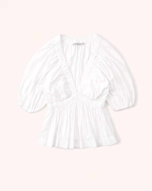 Women's Short-Sleeve Linen-Blend Plunge Top | Women's New Arrivals | Abercrombie.com | Abercrombie & Fitch (US)