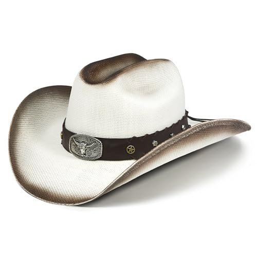 Cowboy Hat with Shapeable Large Brim - Straw Cowboy Cowgirl Hats Cattleman Crease Western Country Hats with Premium Hat Bands (White) | Amazon (US)