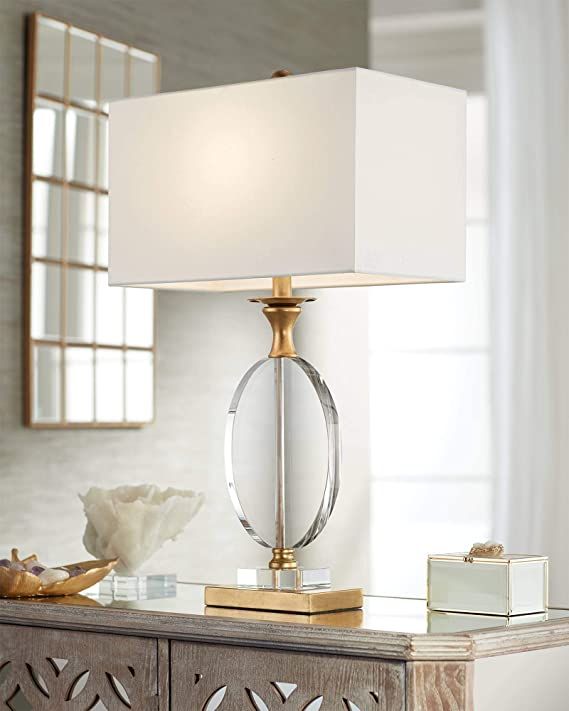 Valerie Modern Glam Luxury Table Lamp 28" Tall Gold Clear Crystal Glass White Fabric Rectangular ... | Amazon (US)