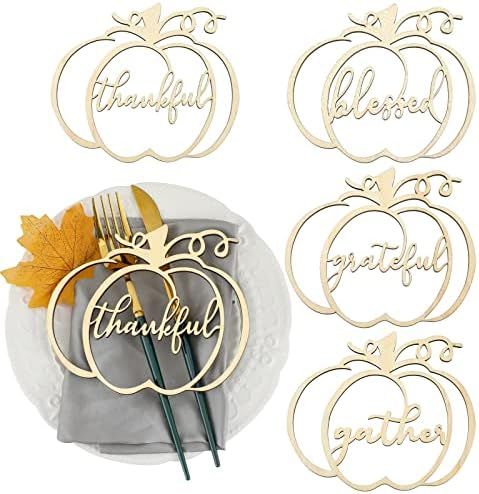 12 Pieces Thanksgiving Wood Table Fall Decor Pumpkin Tabletop Wood Cutout Cards Sign Thankful Gra... | Amazon (US)