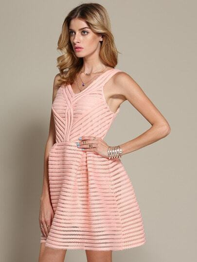 Pink V Neck Hollow Flare Dress | SHEIN