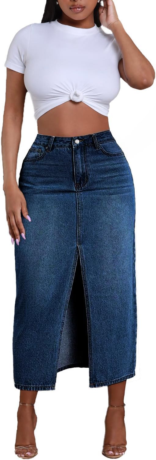 Jean Skirt for Women Denim Skirt High Waist Stretch Midi Denim Skirts with Pockets | Amazon (US)