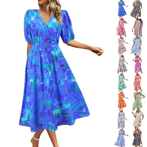 Spring Dresses for Women 2024, Dresses for Women 2024 Casual Boho Dresses for Women Womens Flowy Smocked Elastic Waist Short Sleeve V Neck Floral Midi Dress Elegant Dresses for Women (Blue,XX-L) | Amazon (US)