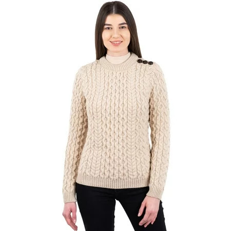 SAOL 100% Merino Wool Aran Women s Irish Cable Knit Sweater Fisherman Side Button Fit Pullover Made in Ireland | Walmart (US)