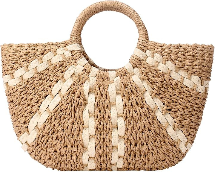 YYW Straw Bags for Women,Hand-woven Straw Large Bag Round Handle Ring Tote Retro Summer Beach Rat... | Amazon (US)