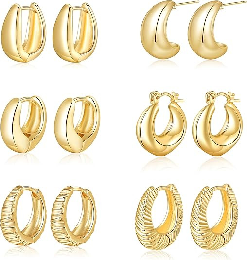 6 Pairs Gold Hoop Earrings for Women, 14K Gold Plated Lightweight Chunky Hoop Earrings Set Hypoal... | Amazon (US)