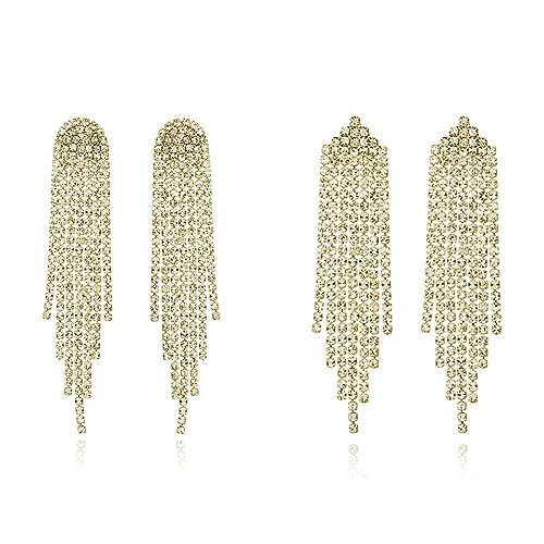 Luxval Rhinestone Earrings for Women Sparkly Gold Dangle Earrings Chandelier Earrings Tassel Lightweight Earring Sets 2Pairs Crystal Statement Earrings | Amazon (US)