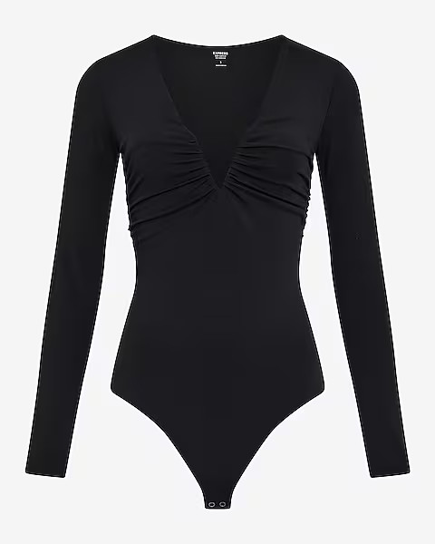 Body Contour High Compression V-neck Long Sleeve Ruched Bodysuit | Express