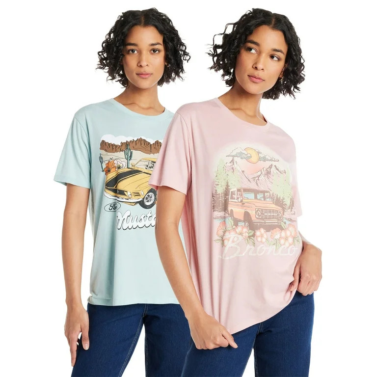Time and Tru Women's Ford Bronco and Mustang Graphic Tees with Short Sleeves, 2-Pack, Sizes XS-XX... | Walmart (US)
