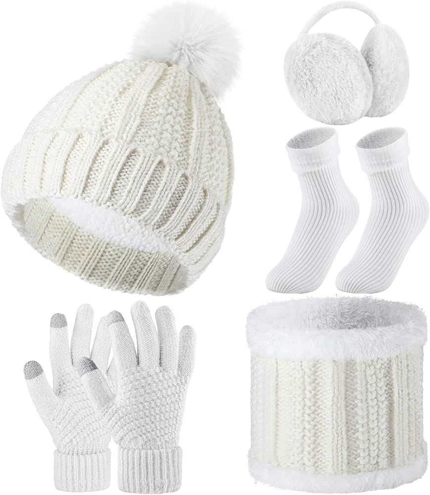 SATINIOR 5 Pcs Winter Hat Scarf Gloves Set Knit Beanie Pompom Hat Warm Touch Screen Gloves Earmuf... | Amazon (US)