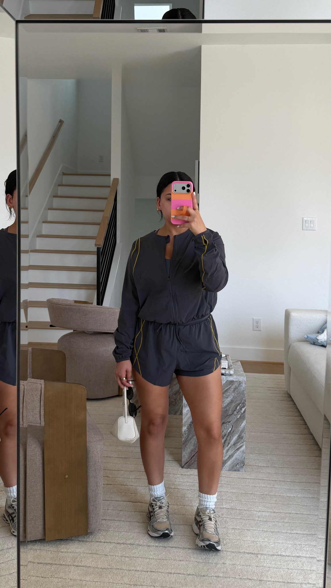 Jacket: small
Shorts: medium 
Sneakers: 6.5 women 
White socks 
Errands outfit