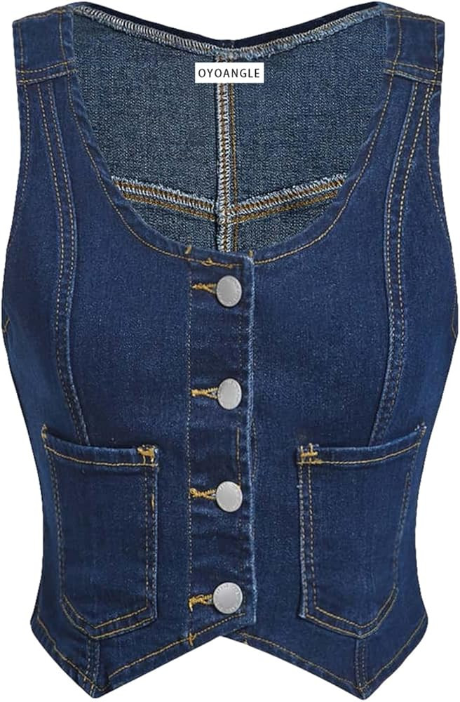 OYOANGLE Women's Button Front Denim Vest Tank Top Scoop Neck Sleeveless Jean Waistcoat | Amazon (US)