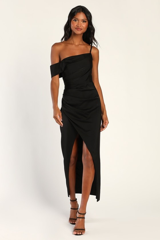 Showing Off a Little Black Asymmetrical Tulip Midi Dress | Lulus