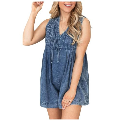 Generic Jean Romper for Women Sleeveless Front Tie Denim Romper Overall Shorts Summer Jean Romper With Pocket (Dark Blue, L), Large | Amazon (US)