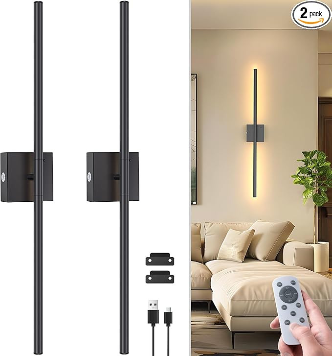 NIORSUN 28 Inch Battery Operated Wall Sconce Set of 2, 360° Rotation Black Rechargeable Wall Lig... | Amazon (US)