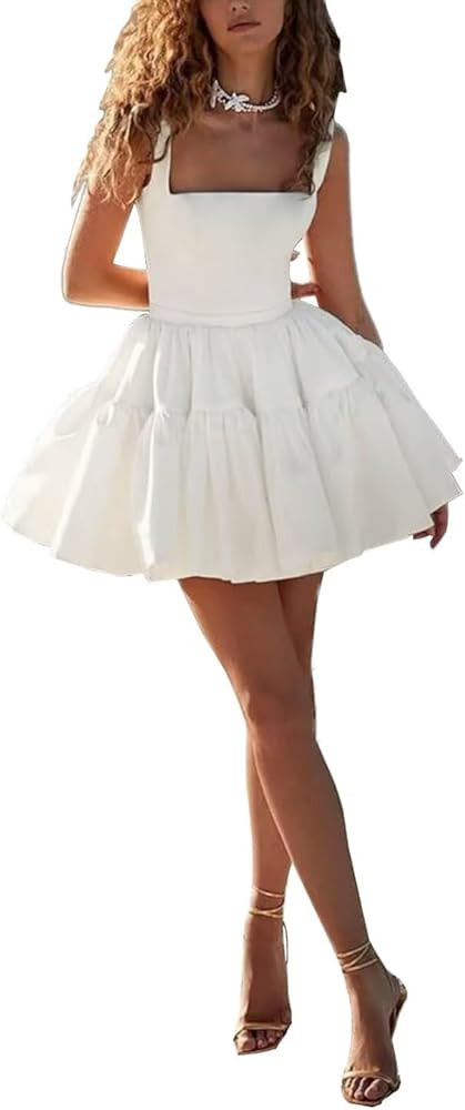 Satin Wedding Dress for Bride Sleeveless Cocktail Party A-line Short Prom Dress | Amazon (US)