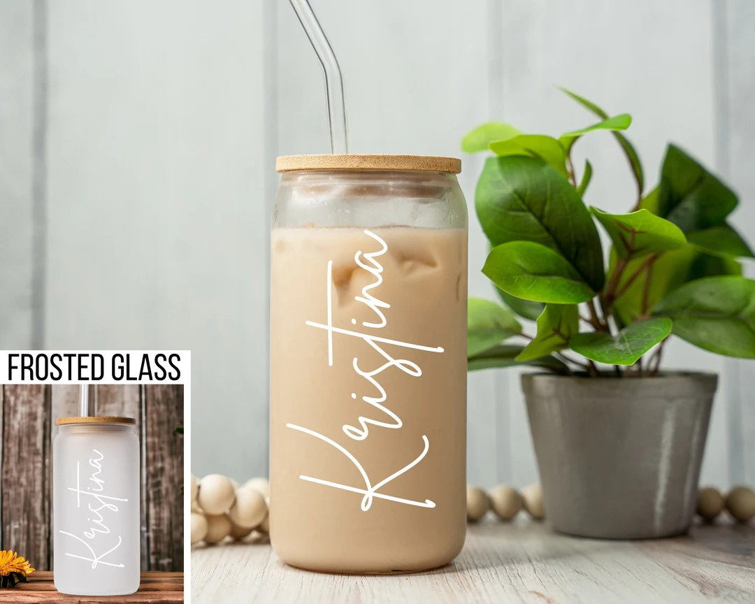 Personalized Iced Coffee Cup 16oz Glass Cup, Custom Beer Can Glass with Lid and Straw, Bridesmaid... | Etsy (US)