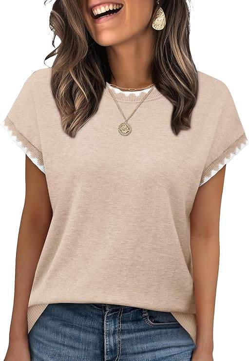 Sampeel Womens Short Sleeve Sweaters Tops Spring Outfits Crew Neck Summer Sweater Shirts Business... | Amazon (US)