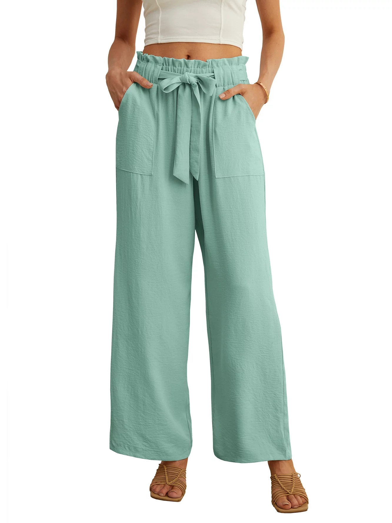 JWD Women's Wide Leg Pants With Pockets High Waist Adjustable Knot Loose Casual Trousers Business... | Walmart (US)